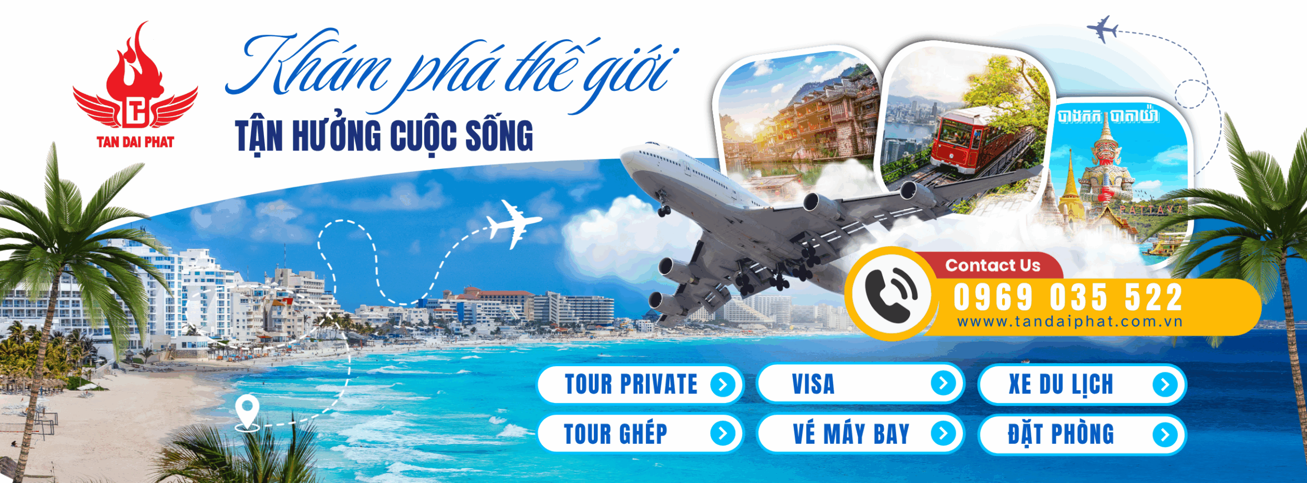 Trang chủ 1 Blue and White Modern Travel Agency Banner (Ảnh bìa Facebook)